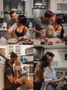 some people are in the kitchen together and one is kissing another person's face