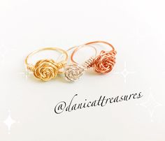 Classic Rose Ring  Roses symbolize romance, mystery, and true love. This wire wrapping ring is simple and elegant, styled with the shape of a beautiful rose. Durable and tarnish-resistant, this ring is suitable for any occasion whether it's just another day at school or work or something special like a prom or a wedding. As with all purchases from DanicatTreasures, this ring is made with the highest quality, tarnish-resistant German wire. This treasure is available in gold-tone, silver plated, or copper wire. All pieces are durable, making them great accessories for all of your adventures. *Please note that some allergens could be irritated by this jewelry. *All rings follow standard ring sizing, however, if you are unaware of your ring size, please feel free to message me for a free ring Wire Wrapping Ring, Gold Rose Ring, Minimalist Rose, Silver Wire Rings, Minimalist Silver Ring, Silver Rose Ring, Raw Crystal Ring, Chic Rings, Cute Rose