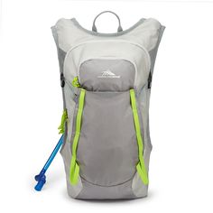 a backpack with a water bottle attached to the front and side pocket, on a white background