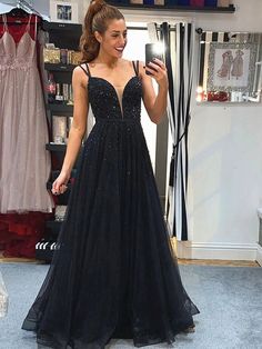 A Line V Neck Backless Beaded Black Long Prom Formal Graduation Evening Dresses-BIZTUNNEL Prom Dress Flowy, Girl Prom Dress, Pretty Prom Dress, Girl Prom, Senior Prom Dresses, Custom Prom Dress, Elegant Prom, Long Evening Dress, Prom Dresses For Teens