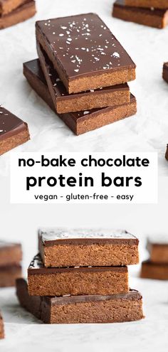 no - bake chocolate protein bars stacked on top of each other with text overlay