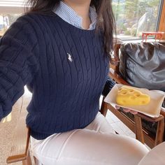 Polo Clothes Women, Sweater Over Shirt Outfit Women, Ralph Lauren Blue Sweater Outfit, Blue Ralph Lauren Sweater Outfit, Ralph Lauren Knit Sweater Outfit, Polo Sweater Outfit Women, Blue Polo Outfit, Ralph Lauren Women Outfits