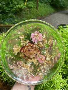 a person's hand holding a glass bowl filled with flowers and plants in it