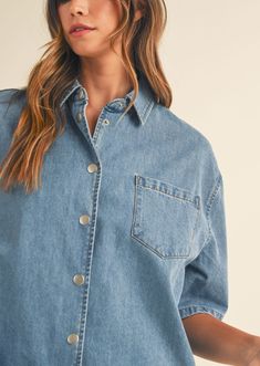 Be the trendiest you with this stylish denim romper! Featuring a collar button down and denim material, you'll be rockin' your outfit with this fashionable one-piece. -Relaxed Fit Shirt Romper, Denim Romper, Denim Material, Your Outfit, Light Denim, Denim Shirt, Rompers, Relaxed Fit, One Piece