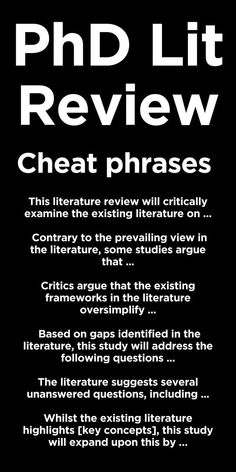 a black and white poster with the words phd lit review written in bold font