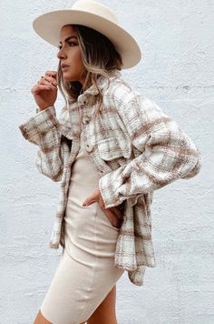 Coco Oversized Shacket - ELISON RD. Plaid Jacket Outfit, Closet Revamp, Brown Denim Jacket, Plaid Wool Coat, Cable Knit Vest, 12th Tribe, Flannel Outfits, Plaid Cardigan, Beige Plaid