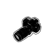 a black and white photo of a camera with its lens pointed up to the side