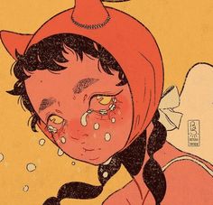 a drawing of a girl with teary eyes and a red hat on her head