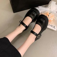 Thick-soled Mary Jane Preppy Pumps for Women – Dresslittly Trendy Heels With Metal Pin Buckle And Round Toe, Casual High Heel Mary Janes For Spring, Casual Flat Court Shoes For Office, Casual Heels With Heel Strap For Office, Flat Casual Court Shoes For Work, Casual Flat Court Shoes For Work, Casual High Heel Mary Janes With Platform, Casual High Heel Platform Mary Janes, Flat Platform Mary Janes