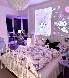 a bed room with a neatly made bed and purple walls