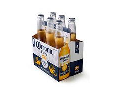 six bottles of corona beer sitting in a cardboard box on a white background with clippings