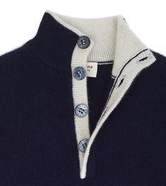 A stylish 100% cashmere boy jumper featuring a high neck, contrasting border detail, long sleeves with elbow patches and a halfway button-down front. Mens Knit, Boy Jumper, High Neck Jumper, Knit Men, Guys Clothing Styles, Knitwear Men, Knit Set, 2016 Fashion, 70s Fashion