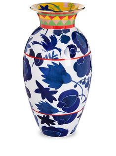 a blue and white vase with flowers painted on it