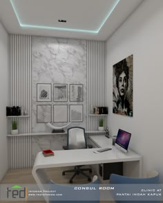 an office with marble walls and white desks is featured in this image, along with paintings on the wall