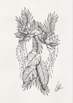 an ink drawing of flowers and leaves