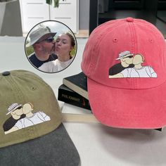 memorial gifts, portrait from photo, family portrait hat, personalized hats, portrait to line art, portrait embroidery 💞 Product and Brand Details ➤ 6245cm YP Classics Adult Low-Profile Cotton Twill Dad Cap - 100% cotton - Green camo is 65% polyester / 35% cotton 6-panel, Low-profile Four-row stitching on visor 3 1/8" crown Unstructured Matching undervisor Antique brass buckle closure Deco Eligible ➤ AD969 Adams Optimum Pigment Dyed-Cap - 100% garment-washed cotton twill - 6-panel, unstructured Custom Hats For Boyfriend, Custom Embroidered Adjustable Cotton Baseball Cap, Custom Embroidered Cotton Dad Hat, Custom Embroidered Trucker Hat, Baseball Cap Style, Personalized Cotton Baseball Cap, One Size, Custom Embroidered Hats, Portrait Embroidery, Personalized Hats, Personalised Gifts For Him