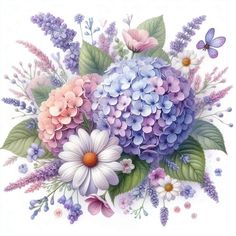 a painting of flowers and butterflies on a white background