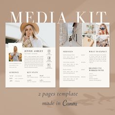 two pages template for a media kit with photos and text on the front, one page is