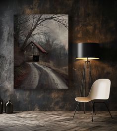 an empty room with a chair, lamp and painting on the wall