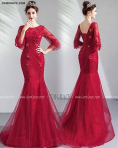 Fitted 3/4 Sleeve Prom Dresses, Fitted Evening Dress With 3/4 Sleeves For Prom, Fitted Long Sleeve Evening Dress For Ceremony, Fitted Gown With 3/4 Sleeve For Party, Long Sleeve Mermaid Dress For Wedding And Prom, Red Long Sleeve Gown For Ceremonies, Long Sleeve Mermaid Dress With Sweep Train For Wedding, Red Long Sleeve Mermaid Dress For Wedding, Red Mermaid Hem Gown For Banquet