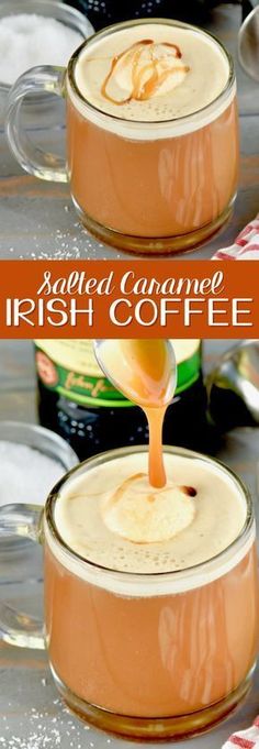 caramel irish coffee is being poured into a mug