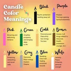 You will receive ONE ritual candle of your choice Candles can be used in rituals when manifesting our greatest desires Each candle color serves a purpose View candle color meanings below 👇 YELLOW: enhances your networking and social skills, bringing in new career opportunities. PURPLE: boosts your spiritual enlightenment and wisdom. RED: encourages love, sexuality, and passion. PINK: This one’s for ~romance~. Placing a pink candle by your home’s doorway will welcome in love. WHITE: promotes ser Pen Color Meaning Spiritual, Color Of Candles Meaning, Spiritual Candles Color Meanings, Spiritual Cleansing Candles, Pen Colors For Manifesting, Pink Candle Spells, Purple Candle Meaning, Pink Candle Meaning, Handmade Candles Design