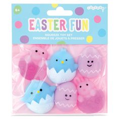 an easter egg shaped eraser set with four eggs in the shape of smiling faces