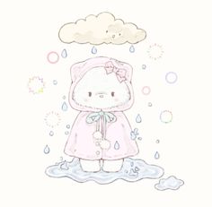 a drawing of a cat wearing a raincoat and holding an umbrella in the rain