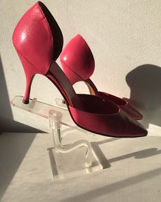 "1960's LaPatti Exclusive hot pink leather stilettos. Custom made with an opera last. Leather foot bed and sole. Metal studs at toe and rubber tipped heels. Size 7 1/2AA. Not a lot of wear, very good condition. Comes with original box. length 8 5/8\" width 2 7/8\" heel 3 1/2\" insole 10\"" Vintage Pink Leather Heels, Retro Pink Leather Heels, Vintage Pink Heels For Party, Vintage Pink Heels For Formal Occasions, Pink Retro Heels With Pointed Toe, Vintage Pink Party Heels, Pink Vintage Party Heels, Pink High Heels With Rubber Heel Cap, White Leather Gloves