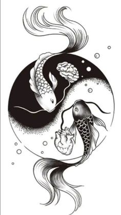 an ink drawing of two fish on top of a yin yin yang symbol with bubbles in the