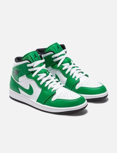 Jordan Brand - AIR JORDAN 1 MID | HBX - Globally Curated Fashion and Lifestyle by Hypebeast Mid Dutch Green Jordans, Jordan 1 Mid Dutch Green, Nike Air Jordans Lime Green, Green Mid-top Jordan Shoes For Streetwear, Jordan 1 Mid Green, Supreme Brand, Curated Fashion, Lucky Green, Casual Heels