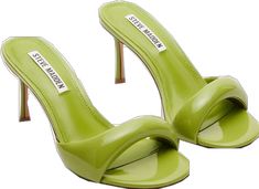 Trendy Mules With Reinforced Heel, Modern Green Heels With Heel Loop, Trendy Slip-on Heels With Heel Strap, Trendy Mules With Contrasting Heel For Party, Trendy Mules With Contrasting Heel Counter For Party, Trendy Mules With Padded Open Heel, Trendy Green Open-heel Mules, Trendy Green Heels With Heel Loop, Trendy Spring Mules With Reinforced Heel