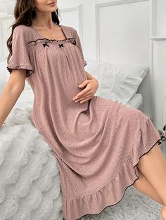 Dusty Pink Casual-Woman Collar Short Sleeve Knitted Fabric Plain Long Nightgown Embellished Medium Stretch Summer Women Sleep & Lounge Modest Sleepwear, Pregnancy Dresses Casual, Neck Models, Dusty Pink Dress, Dusty Pink Dresses, Dresses For Pregnant Women, Maternity Sleepwear, Maternity Pajamas, Long Nightgown