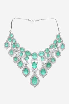 White plated long necklace with green diamond stones and cubic zirconia diamonds embellishments. Comes with a matching pair of earrings. - Aza Fashions Long Necklace Set, Green Diamond, Mixed Metals, Chain Earrings, Diamond Stone, Aza Fashion, Long Necklace, Necklace Set, Jewelry Sets