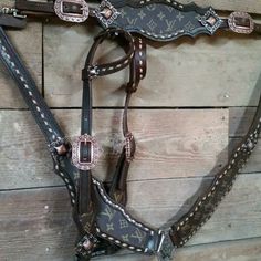 the bridle is made up of black leather and has silver hardware on it