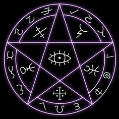 a purple pentagramil with all seeing eyes on it's side in the center