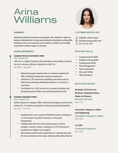 a professional resume template with green accents and an image of a woman's face