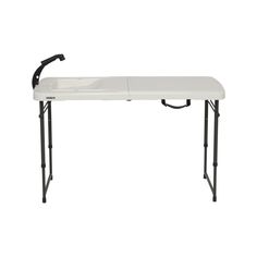 a white table with black legs and an ironing board attached to the back of it