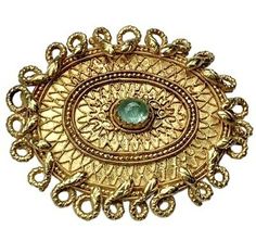 Early Zolotas Archaeological Style 18K Yellow Gold Emerald Snake Brooch 1920s | eBay Traditional Gold Round Brooches, Ceremonial Yellow Gold Brooch With Intricate Design, Traditional Yellow Gold Pendant Brooches, Gold Filigree Oval Brooch, Ceremonial Gold Brooch With Intricate Design, Ceremonial Gold Brooches With Intricate Design, Gold Brooches With Intricate Design For Ceremonial Occasions, Gold Oval Filigree Brooch, Oval Gold Filigree Brooch