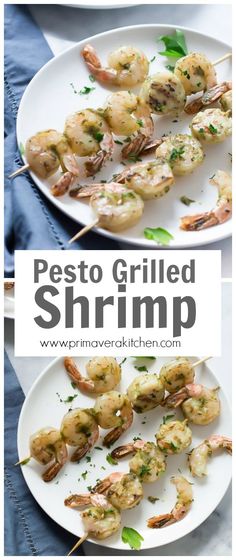 grilled shrimp skewers on a white plate with parsley