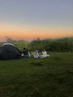 some people sitting in the grass next to a tent at sunset or dawn with their dog