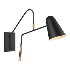 a black and gold wall light with an arm that is attached to the side of it