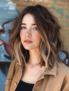 45 Stunning Medium Length Brunette Balayage Ideas to Elevate Your Look Medium Length Brunette Balayage, Medium Length Brunette, Graffiti Backdrop, Dark Brunette Balayage, Long Bob Balayage, Medium Length Brown Hair, Natural Looking Highlights, Subtle Blonde Highlights, Balayage Ideas