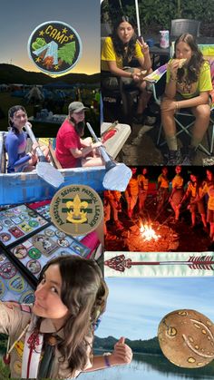 collage of people sitting around a campfire and playing games with fire pits in the background