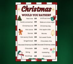 christmas would you rather? poster on green background with red and white checkered border