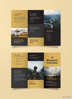 two fold travel brochure templates with an image of a river and mountains in the background