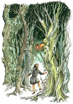 an illustration of a girl walking through the woods