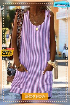 Women Crew Neck Shift Boho Pockets Striped Sleeveless Dress Sleeveless Beach Dress With Pockets, Casual Sleeveless Mini Dress With Pockets, Casual Striped Sleeveless Mini Dress, Casual Striped Mini Length Sleeveless Dress, Striped Sleeveless Mini Dress For Summer, Sleeveless Mini Dress With Pockets For Spring, Striped Sleeveless Mini Dress For Spring, Summer Sleeveless Mini Dress With Pockets, Sleeveless Summer Mini Dress With Pockets