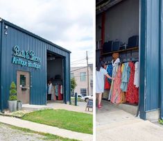 two pictures of the outside of a clothing store