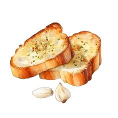 two pieces of bread with cheese and garlic on top, sitting next to each other